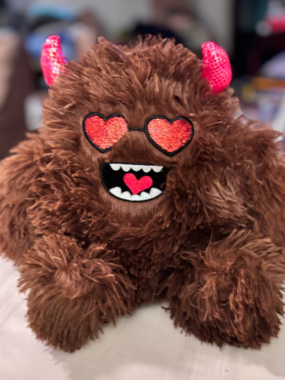 Brown Love Monster Plush Toy with Pink Heart Details